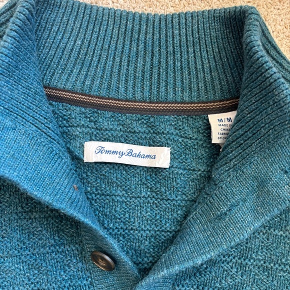 Tommy Bahama Sweater Men's Medium Sorrento Beach Mock Neck Henley - Seaway Green - Picture 2 of 5
